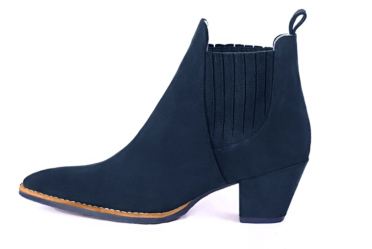 Navy blue women's ankle boots, with elastics. Tapered toe. Medium cone heels. Profile view - Florence KOOIJMAN